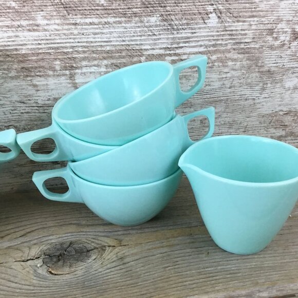 8 Coffee Cups Sun Valley Melmac Aqua Turquoise & Creamer Sugar Bowl Lid Vintage - Picture 3 of 9